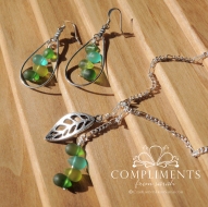 green glass and leaf silver necklace and earring set