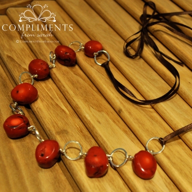 red stone silver and chocolate ribbon necklace